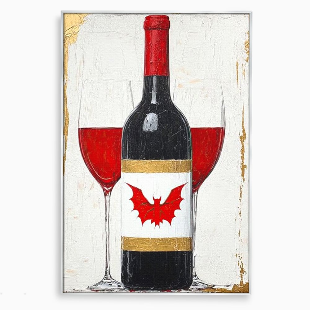 Tablou canvas cu tablou canvas cu sticla de vin si lilieci, in rama de aluminiu argintiu